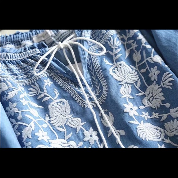 Embroidered Denim Chambray Shirt Blue Boho - Picture 2 of 4